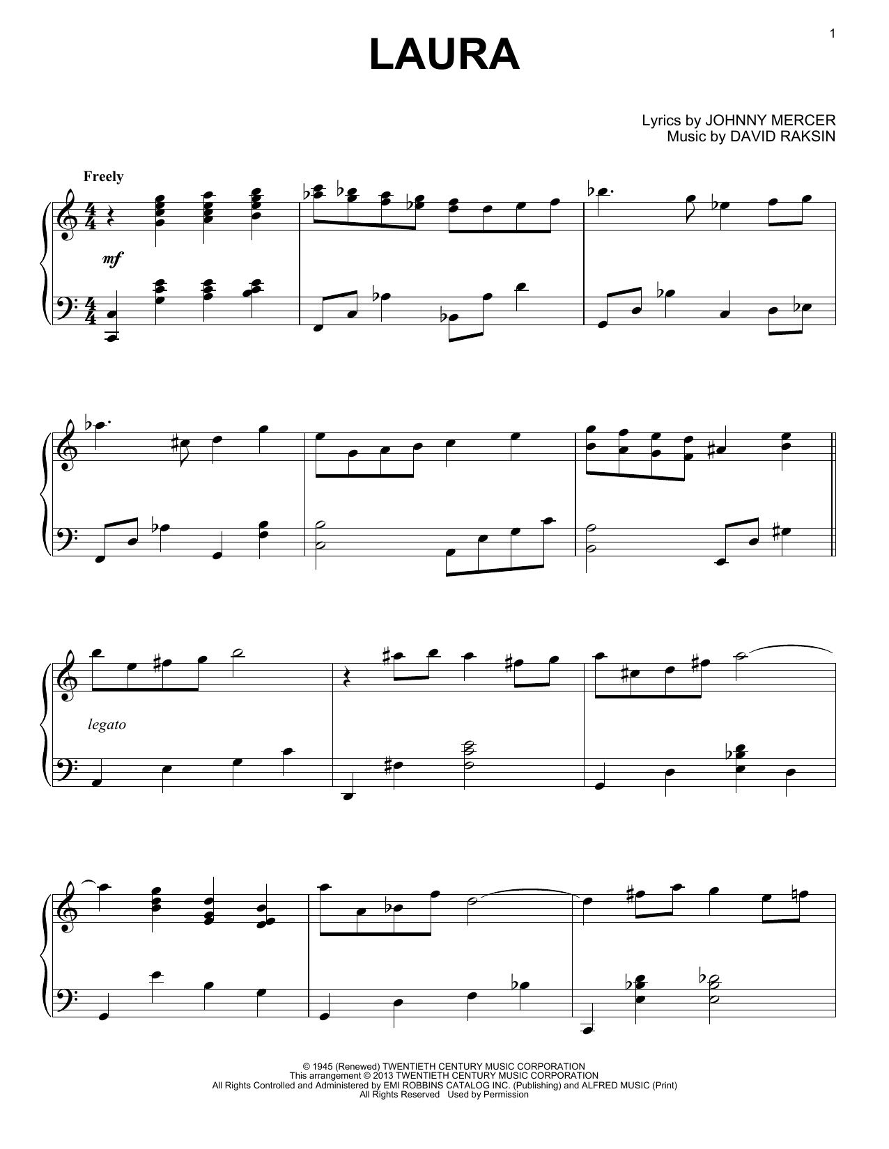 Al Lerner Laura Sheet Music Notes & Chords for Piano - Download or Print PDF