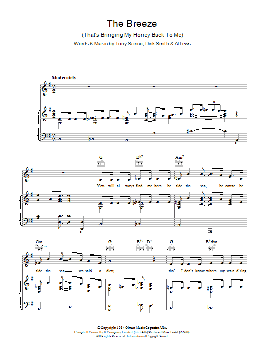 Al Lewis The Breeze (That's Bringing My Honey Back To Me) Sheet Music Notes & Chords for Piano, Vocal & Guitar (Right-Hand Melody) - Download or Print PDF
