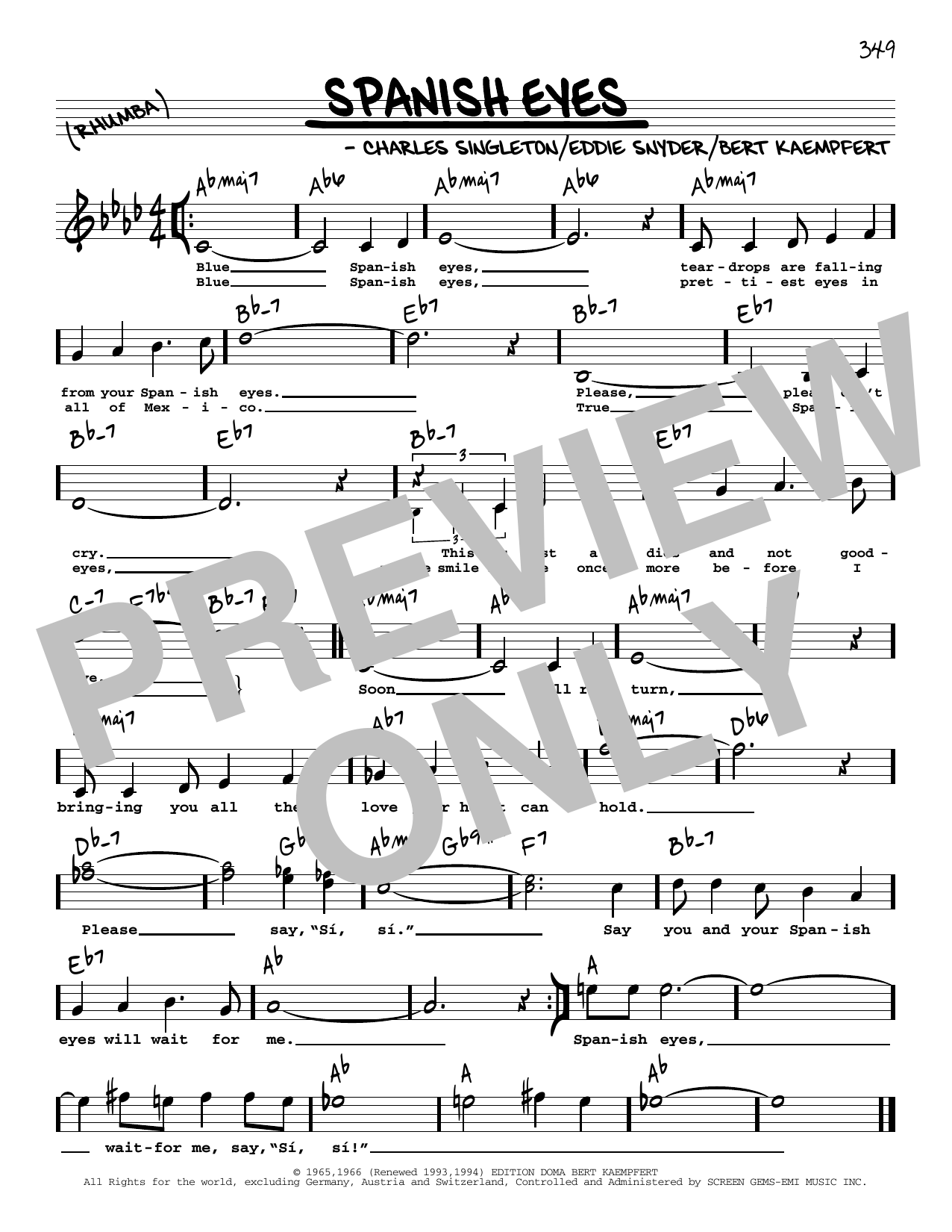 Al Martino Spanish Eyes (High Voice) Sheet Music Notes & Chords for Real Book – Melody, Lyrics & Chords - Download or Print PDF