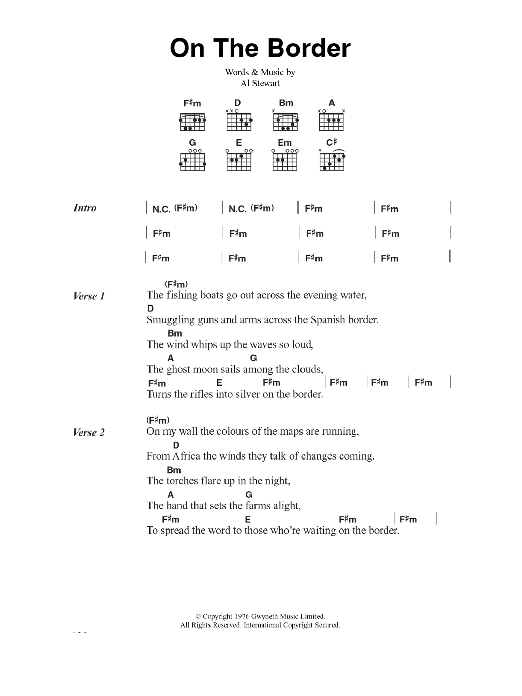 Al Stewart On The Border Sheet Music Notes & Chords for Lyrics & Chords - Download or Print PDF