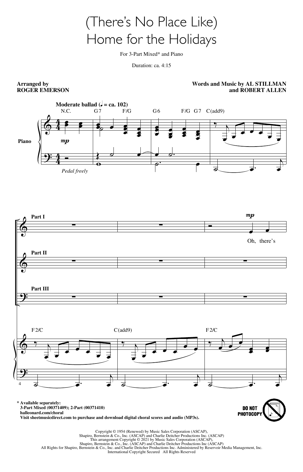 Al Stillman and Robert Allen (There's No Place Like) Home For The Holidays (arr. Roger Emerson) Sheet Music Notes & Chords for 3-Part Mixed Choir - Download or Print PDF