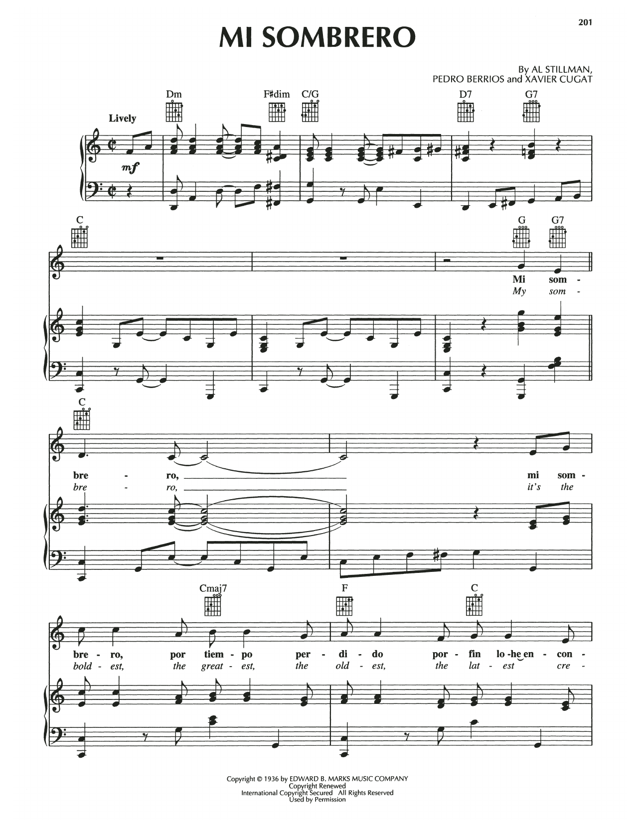 Al Stillman Mi Sombrero Sheet Music Notes & Chords for Piano, Vocal & Guitar Chords (Right-Hand Melody) - Download or Print PDF