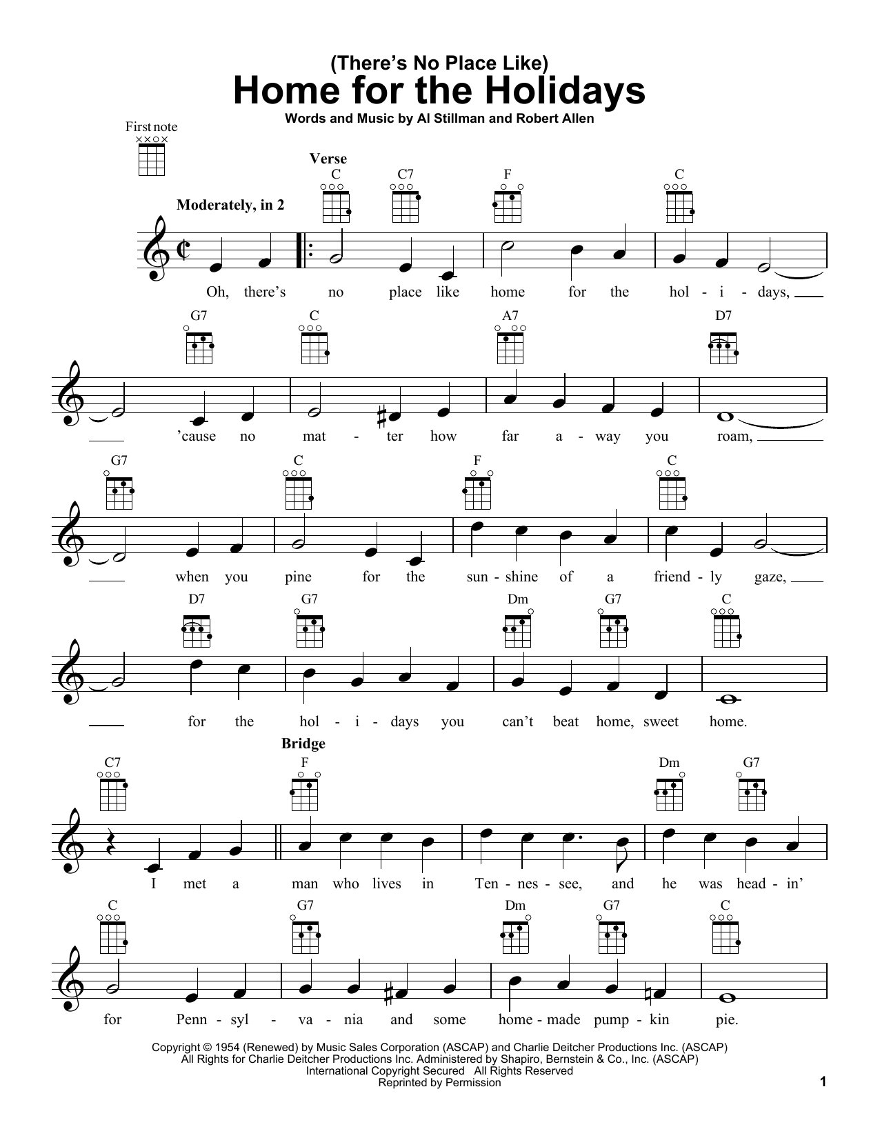 Al Stillman (There's No Place Like) Home For The Holidays Sheet Music Notes & Chords for Ukulele - Download or Print PDF