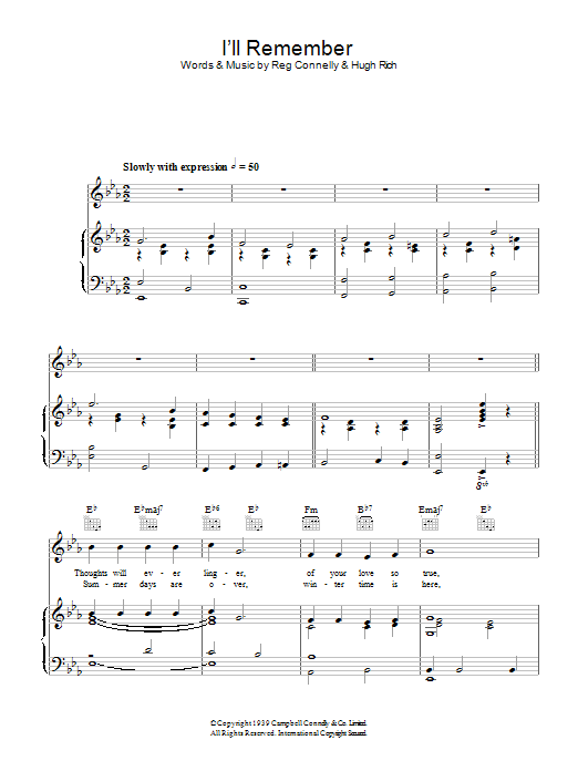 Preview Al Bowlly I'll Remember Easy Listening sheet music, notes and chords for Piano, Vocal & Guitar (Right-Hand Melody), SKU: 113494 I'll Remember sheet music