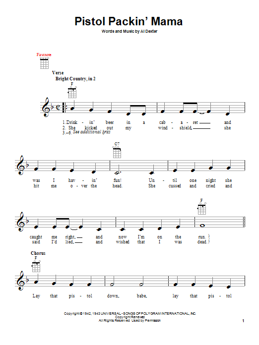 Preview Al Dexter Pistol Packin' Mama Easy Listening sheet music, notes and chords for Piano, Vocal & Guitar (Right-Hand Melody), SKU: 48571 Pistol Packin' Mama sheet music