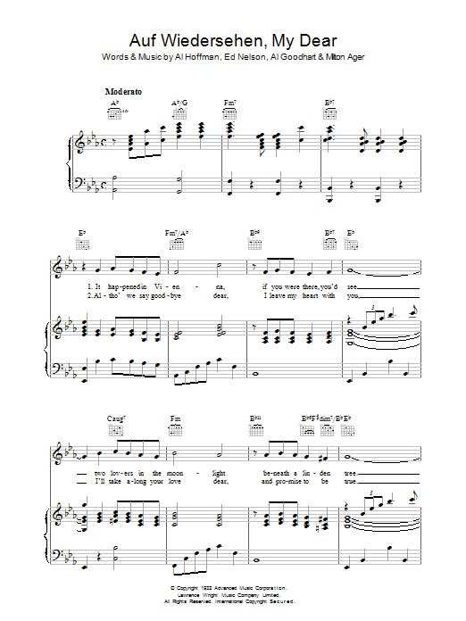 Preview Al Hoffman Auf Wiedersehen My Dear Pop sheet music, notes and chords for Piano, Vocal & Guitar (Right-Hand Melody), SKU: 37342 Auf Wiedersehen My Dear sheet music