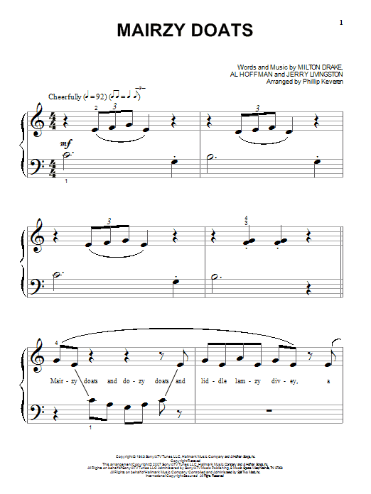 Preview Al Hoffman Mairzy Doats Jazz sheet music, notes and chords for Piano, SKU: 58392 Mairzy Doats sheet music