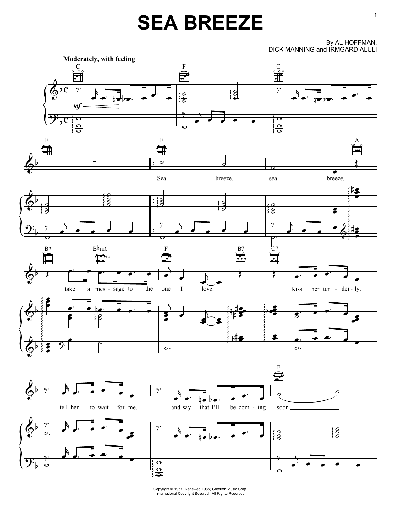 Preview Al Hoffman Sea Breeze Pop sheet music, notes and chords for Piano, Vocal & Guitar (Right-Hand Melody), SKU: 177493 Sea Breeze sheet music