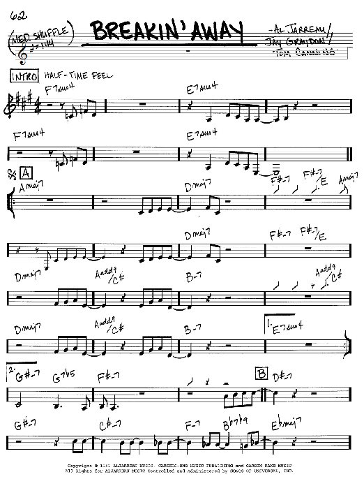 Preview Al Jarreau Breakin' Away Jazz sheet music, notes and chords for Real Book - Melody & Chords - C Instruments, SKU: 60514 Breakin' Away sheet music