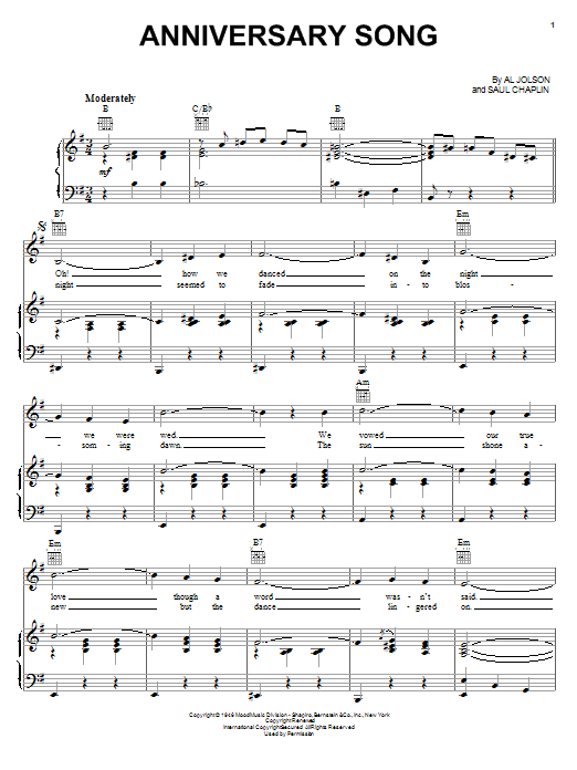 Preview Saul Chaplin Anniversary Song Film and TV sheet music, notes and chords for Easy Piano, SKU: 93528 Anniversary Song sheet music