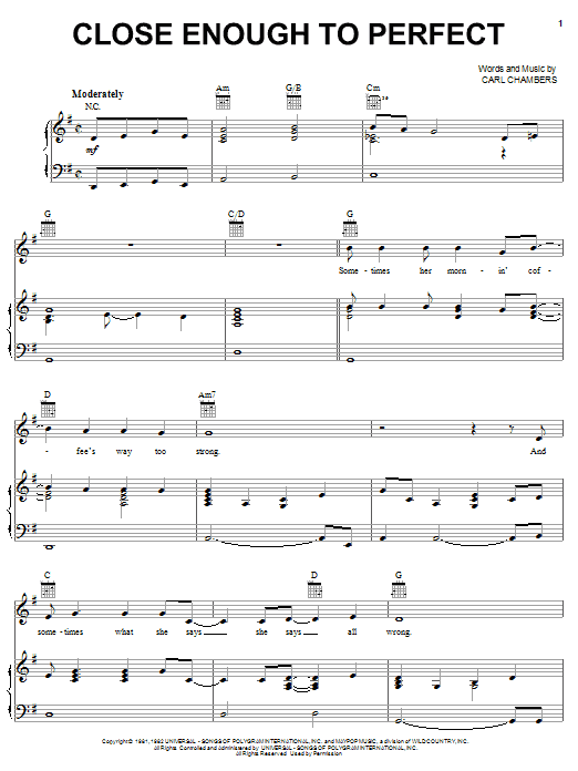 Alabama Close Enough To Perfect Sheet Music Notes & Chords for Piano, Vocal & Guitar (Right-Hand Melody) - Download or Print PDF