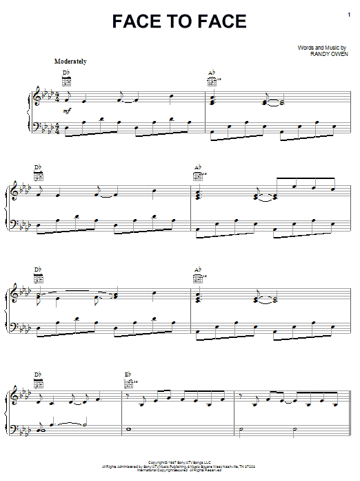 Alabama Face To Face Sheet Music Notes & Chords for Piano, Vocal & Guitar (Right-Hand Melody) - Download or Print PDF