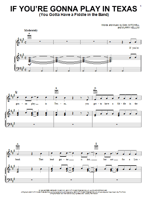 Alabama If You're Gonna Play In Texas (You Gotta Have A Fiddle In The Band) Sheet Music Notes & Chords for Melody Line, Lyrics & Chords - Download or Print PDF