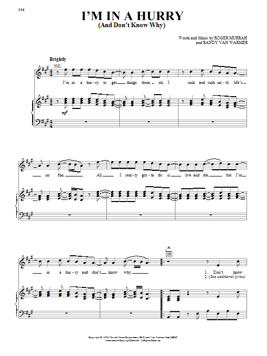Alabama I'm In A Hurry (And Don't Know Why) Sheet Music Notes & Chords for Piano, Vocal & Guitar (Right-Hand Melody) - Download or Print PDF Alabama I'm In A Hurry (And Don't Know Why) Sheet Music Notes & Chords for Piano, Vocal & Guitar (Right-Hand Melody) - Download or Print PDF