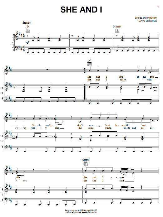 Preview Alabama She And I Pop sheet music, notes and chords for Piano, Vocal & Guitar (Right-Hand Melody), SKU: 54661 She And I sheet music