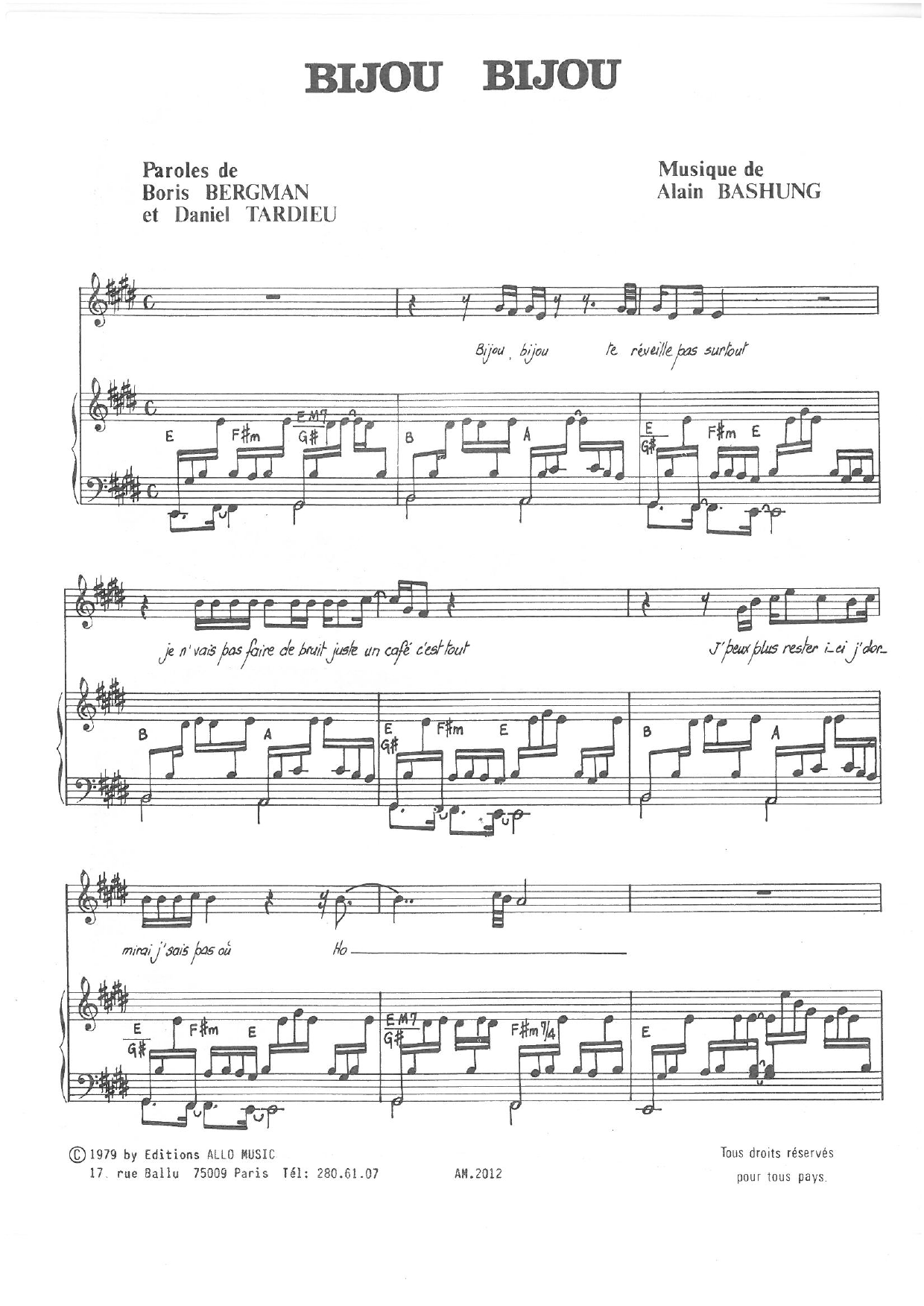 Alain Bashung Bijou Bijou Sheet Music Notes & Chords for Piano & Vocal - Download or Print PDF