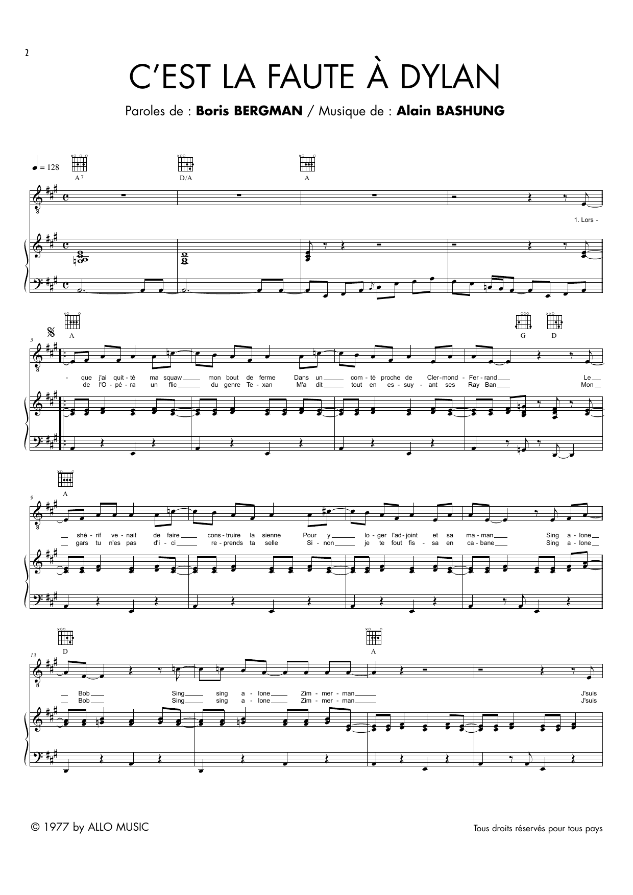 Alain Bashung C'est La Faute A Dylan Sheet Music Notes & Chords for Piano & Vocal - Download or Print PDF