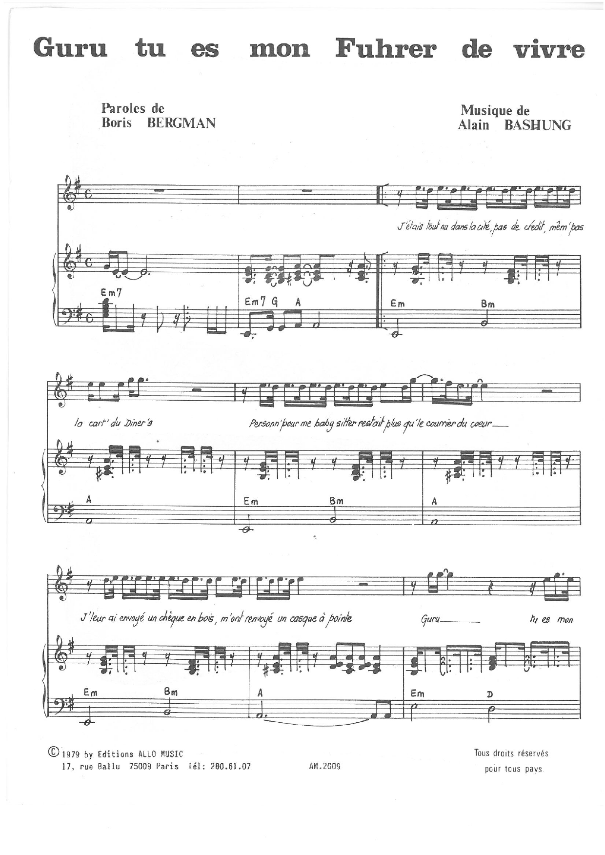 Alain Bashung Guru Tu Es Mon Fuhrer De Vivre Sheet Music Notes & Chords for Piano & Vocal - Download or Print PDF