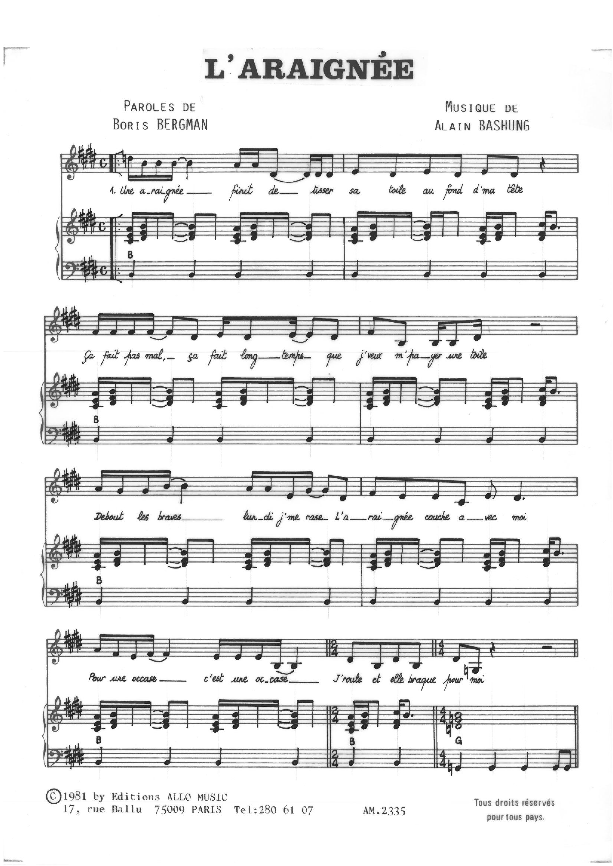 Alain Bashung L'araignee Sheet Music Notes & Chords for Piano & Vocal - Download or Print PDF