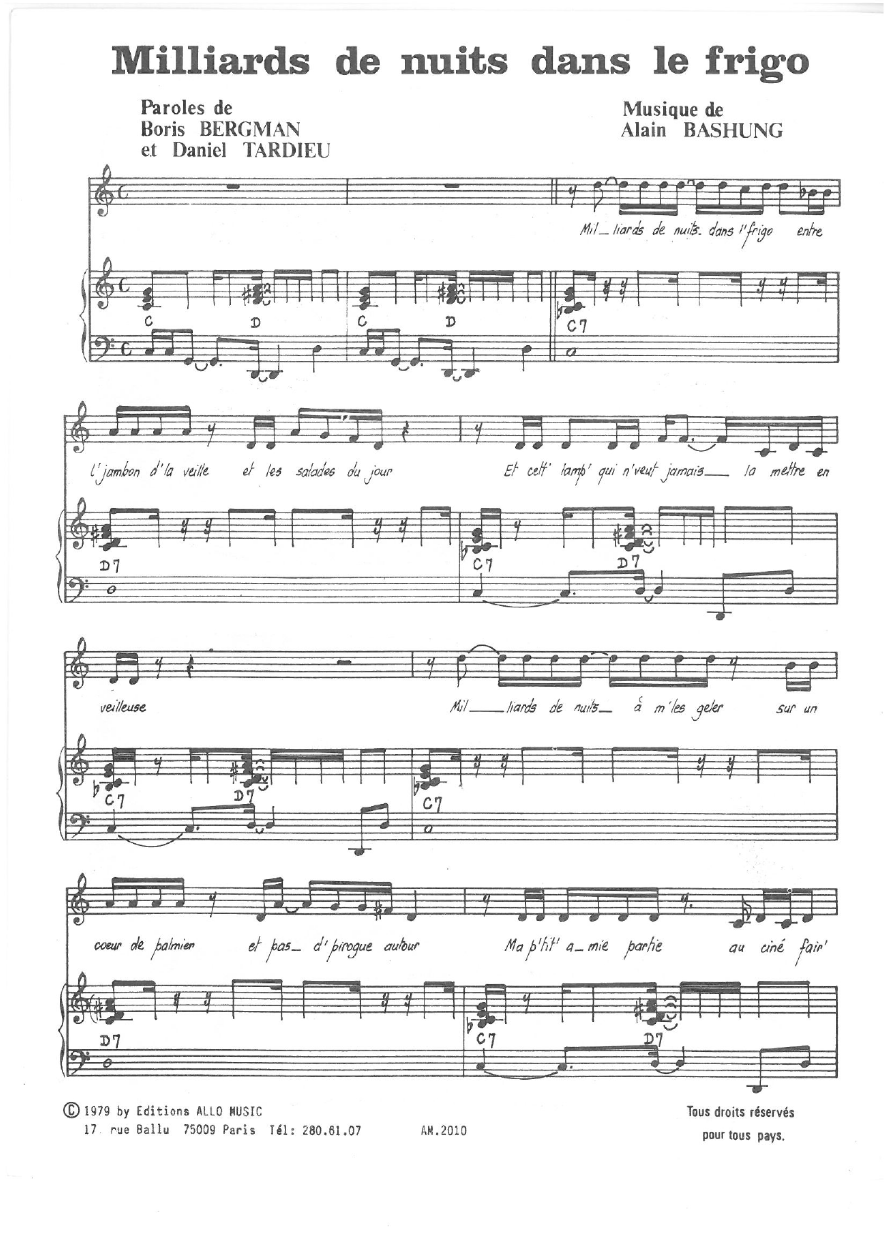 Alain Bashung Milliards De Nuits Dans Le Frigo Sheet Music Notes & Chords for Piano & Vocal - Download or Print PDF