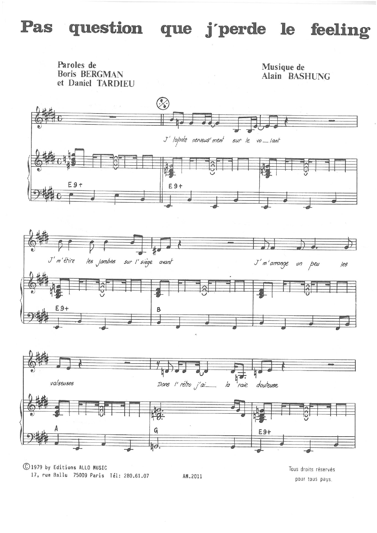 Alain Bashung Pas Question Que J'perde Le Feeling Sheet Music Notes & Chords for Piano & Vocal - Download or Print PDF