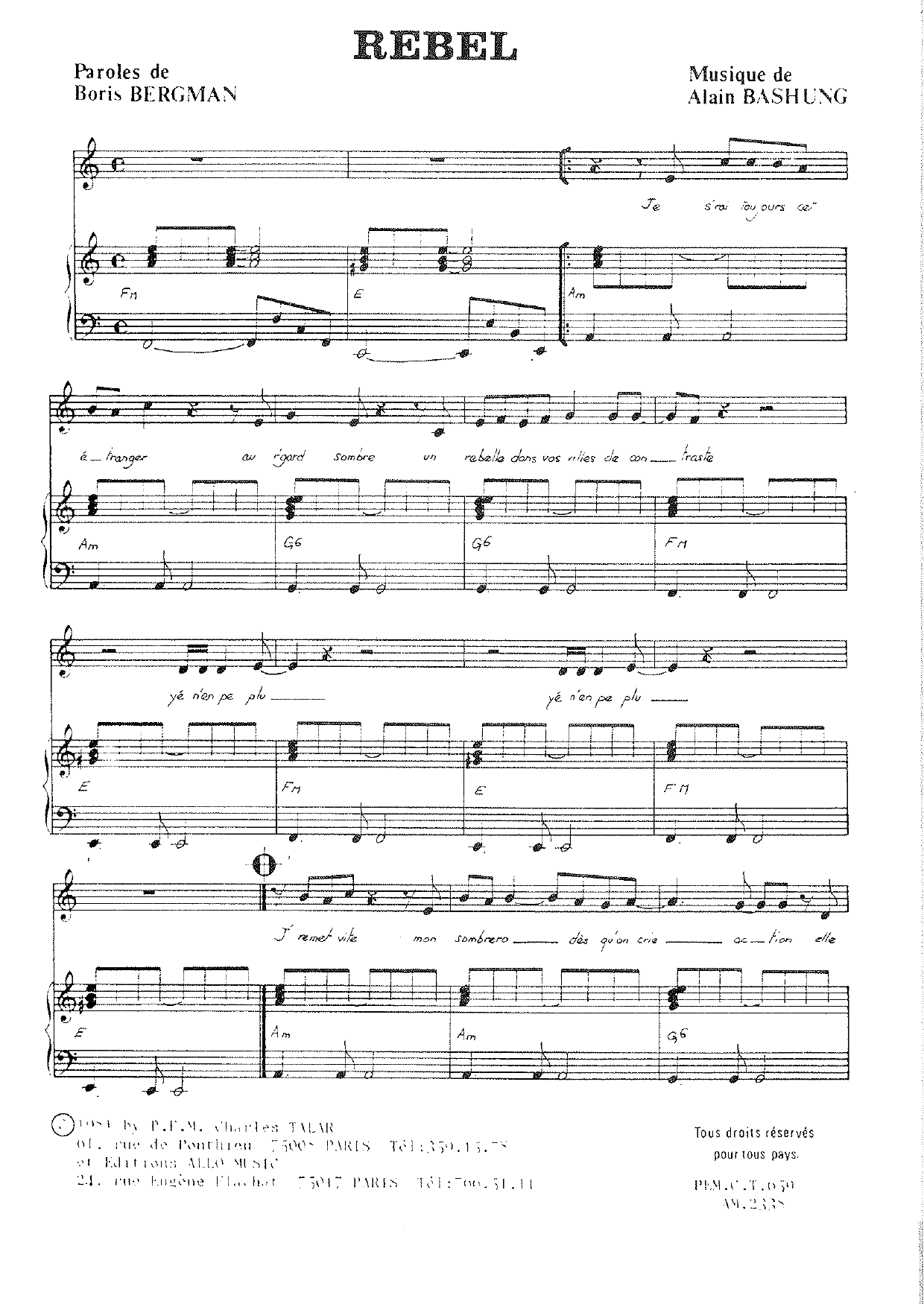 Alain Bashung Rebel Sheet Music Notes & Chords for Piano & Vocal - Download or Print PDF