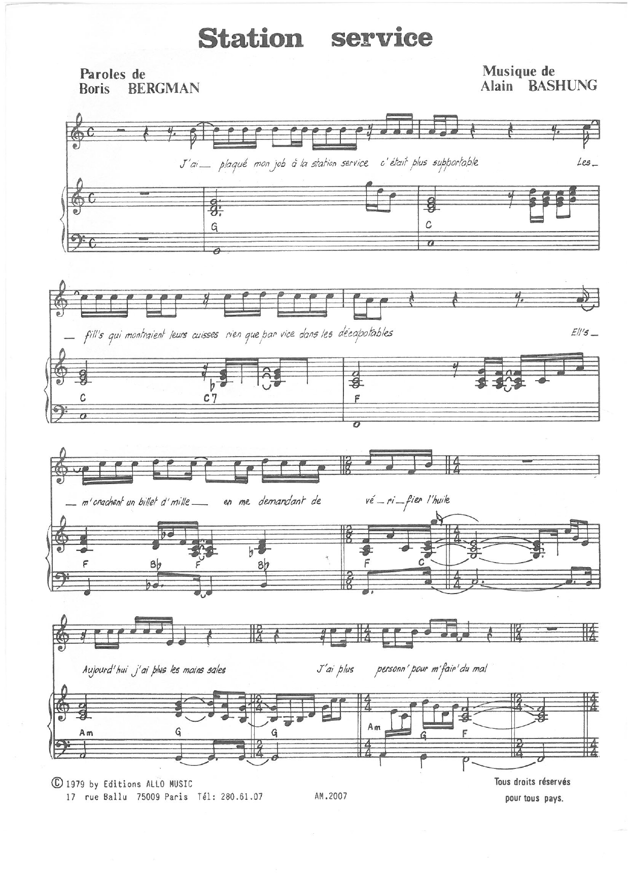 Alain Bashung Station Service Sheet Music Notes & Chords for Piano & Vocal - Download or Print PDF