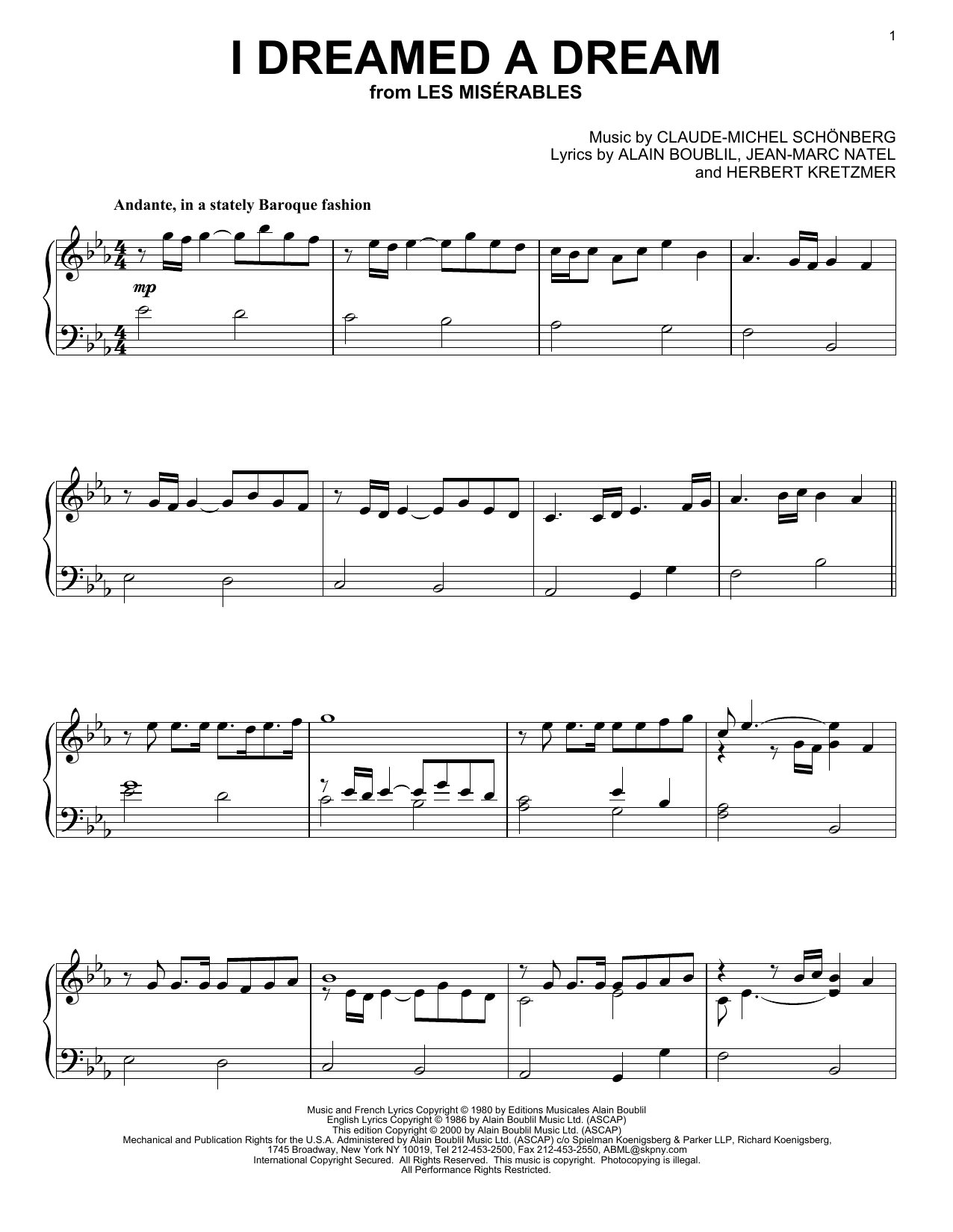 Susan Boyle I Dreamed A Dream Sheet Music Notes & Chords for Piano - Download or Print PDF