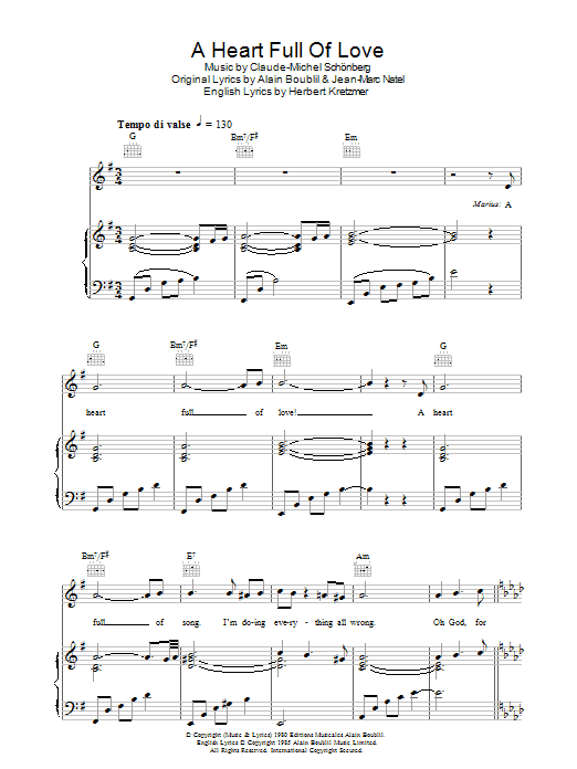 Alain Boublil A Heart Full Of Love (from Les Miserables) Sheet Music Notes & Chords for Piano, Vocal & Guitar (Right-Hand Melody) - Download or Print PDF