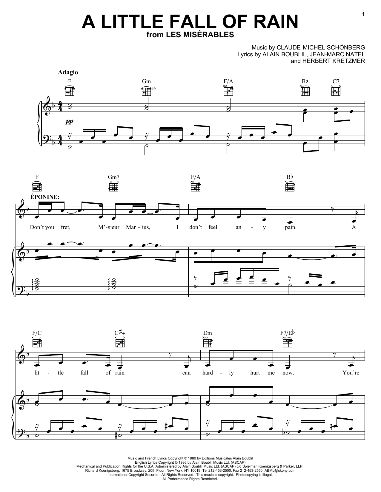 Alain Boublil A Little Fall Of Rain Sheet Music Notes & Chords for Piano, Vocal & Guitar (Right-Hand Melody) - Download or Print PDF