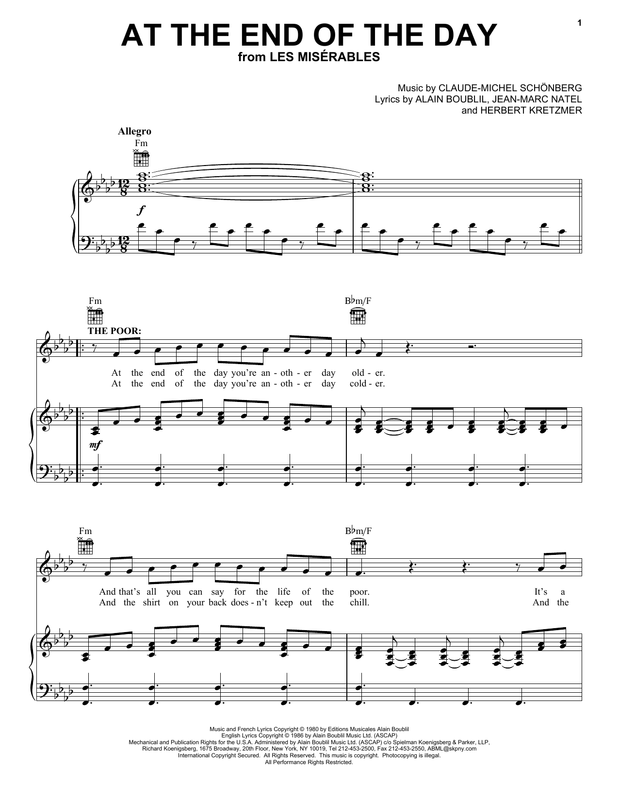 Alain Boublil At The End Of The Day Sheet Music Notes & Chords for Piano, Vocal & Guitar - Download or Print PDF