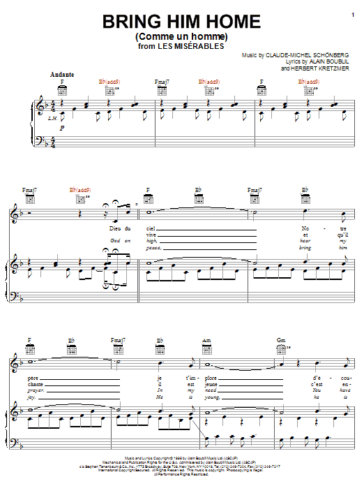 Alain Boublil Bring Him Home (Comme Un Homme) [French version] Sheet Music Notes & Chords for Piano, Vocal & Guitar (Right-Hand Melody) - Download or Print PDF