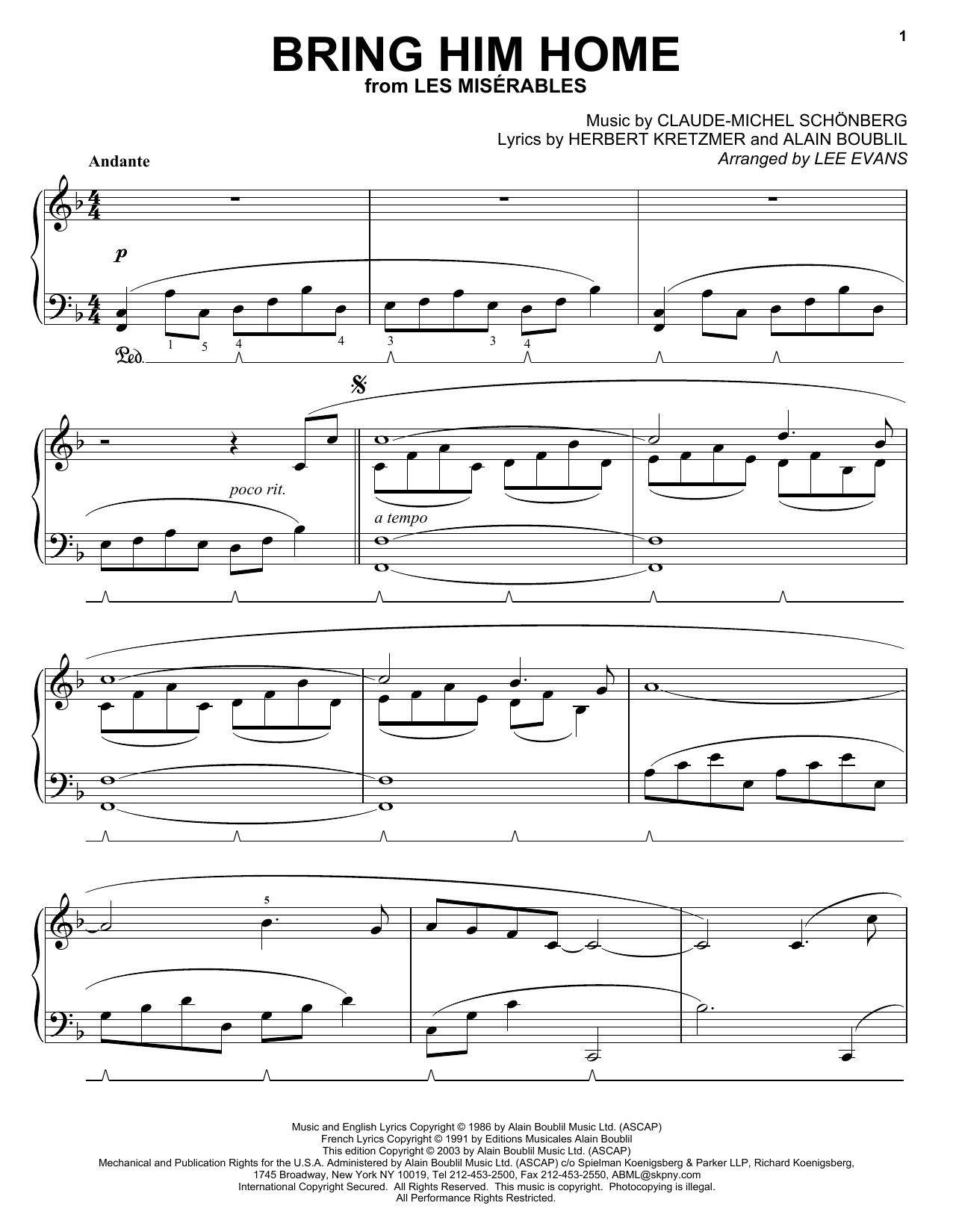 Alain Boublil Bring Him Home (from Les Miserables) sheet music notes and chords. Download Printable PDF.