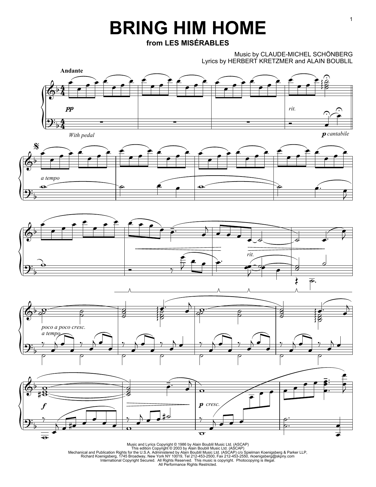 Alain Boublil Bring Him Home Sheet Music Notes & Chords for Piano - Download or Print PDF