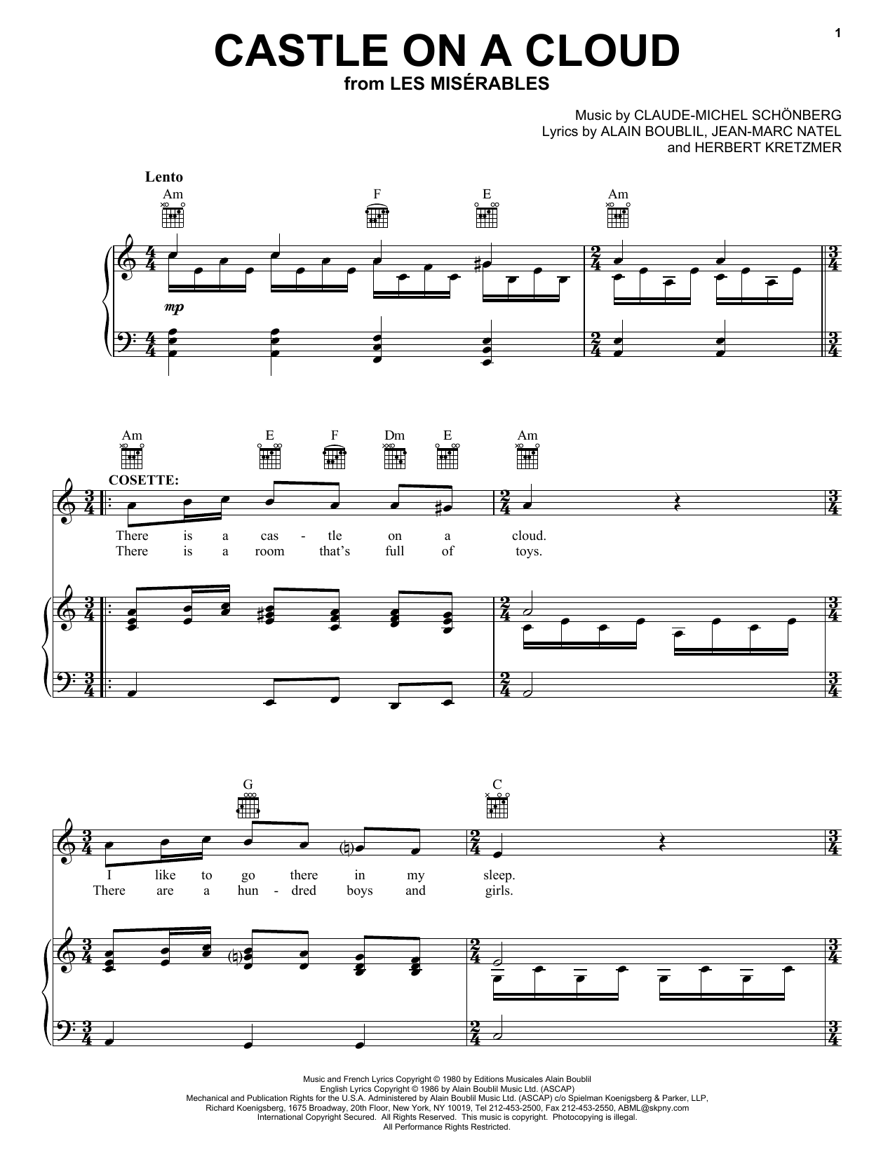 Alain Boublil Castle On A Cloud Sheet Music Notes & Chords for Piano, Vocal & Guitar (Right-Hand Melody) - Download or Print PDF