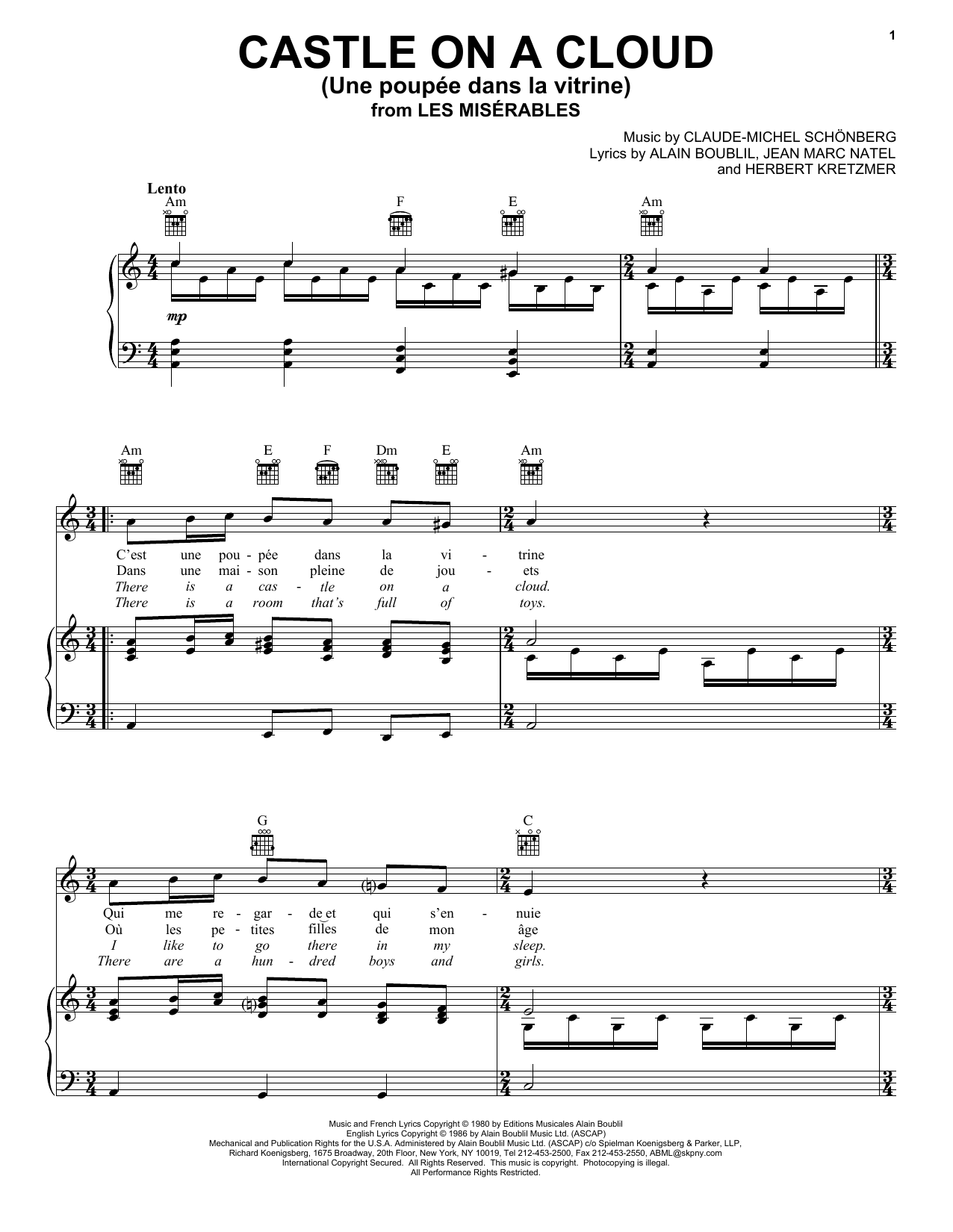 Alain Boublil Castle On A Cloud (Une Poupee Dans La Vitrine) [French version] Sheet Music Notes & Chords for Piano, Vocal & Guitar (Right-Hand Melody) - Download or Print PDF
