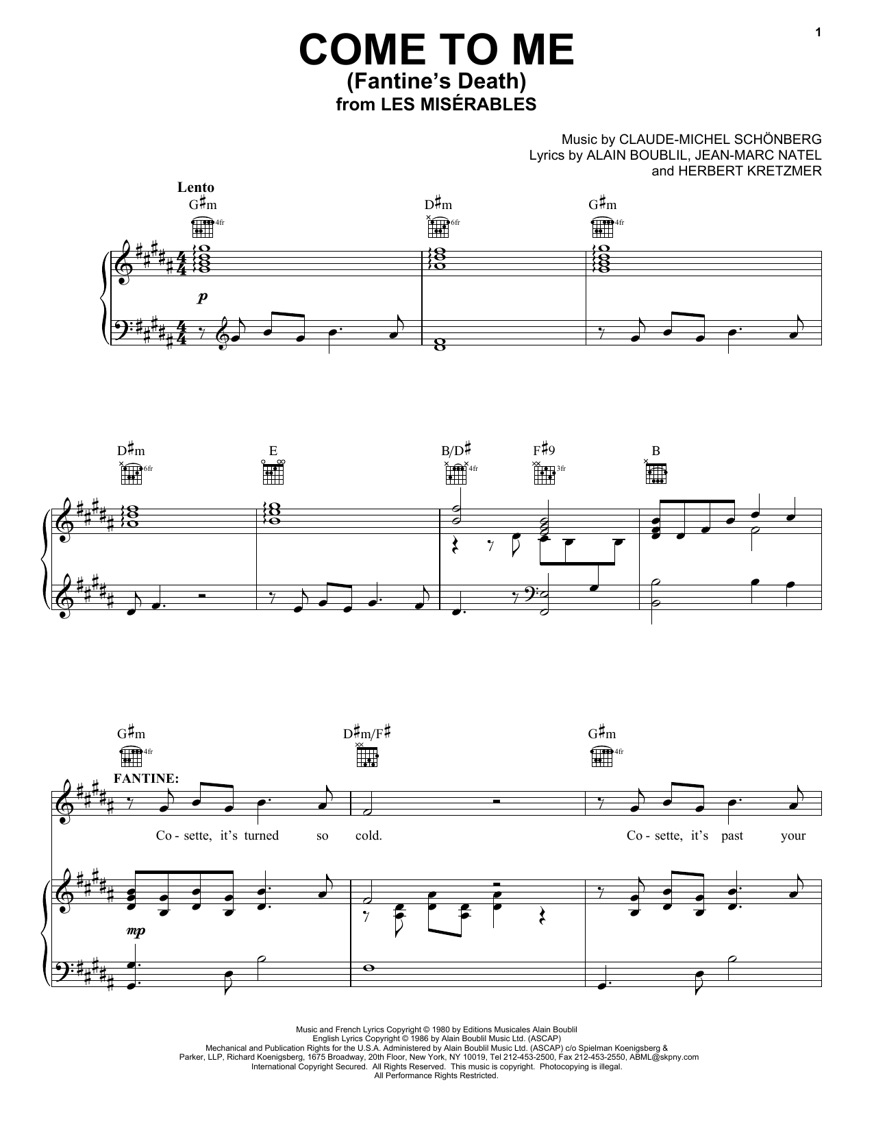 Alain Boublil Come To Me (Fantine's Death) Sheet Music Notes & Chords for Piano, Vocal & Guitar (Right-Hand Melody) - Download or Print PDF