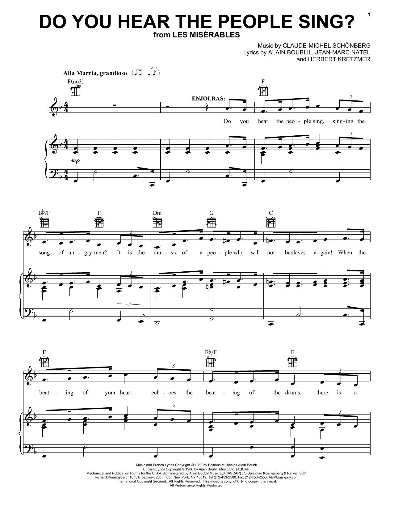 Alain Boublil Do You Hear The People Sing? Sheet Music Notes & Chords for Piano, Vocal & Guitar - Download or Print PDF