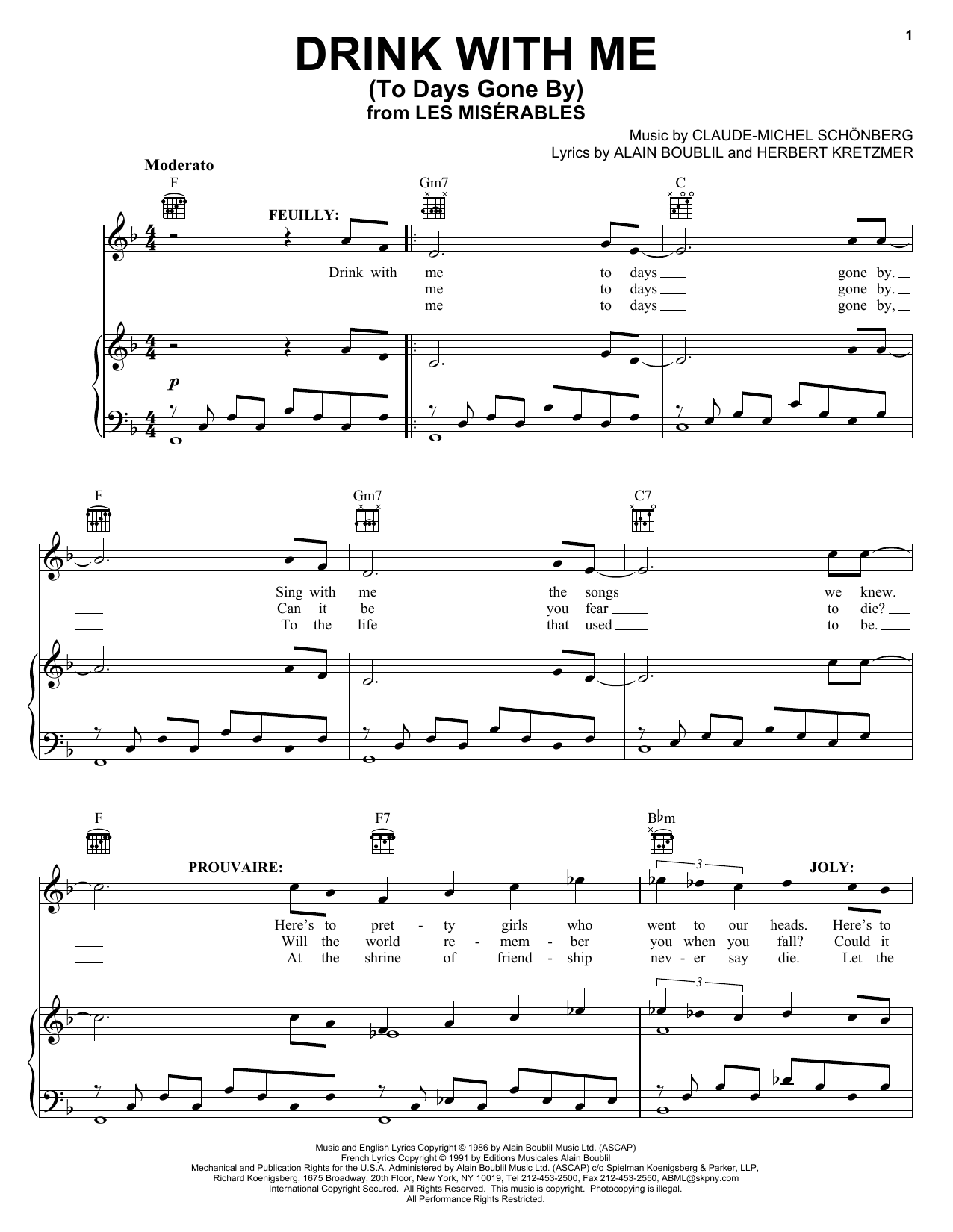 Alain Boublil Drink With Me (To Days Gone By) Sheet Music Notes & Chords for Piano, Vocal & Guitar (Right-Hand Melody) - Download or Print PDF