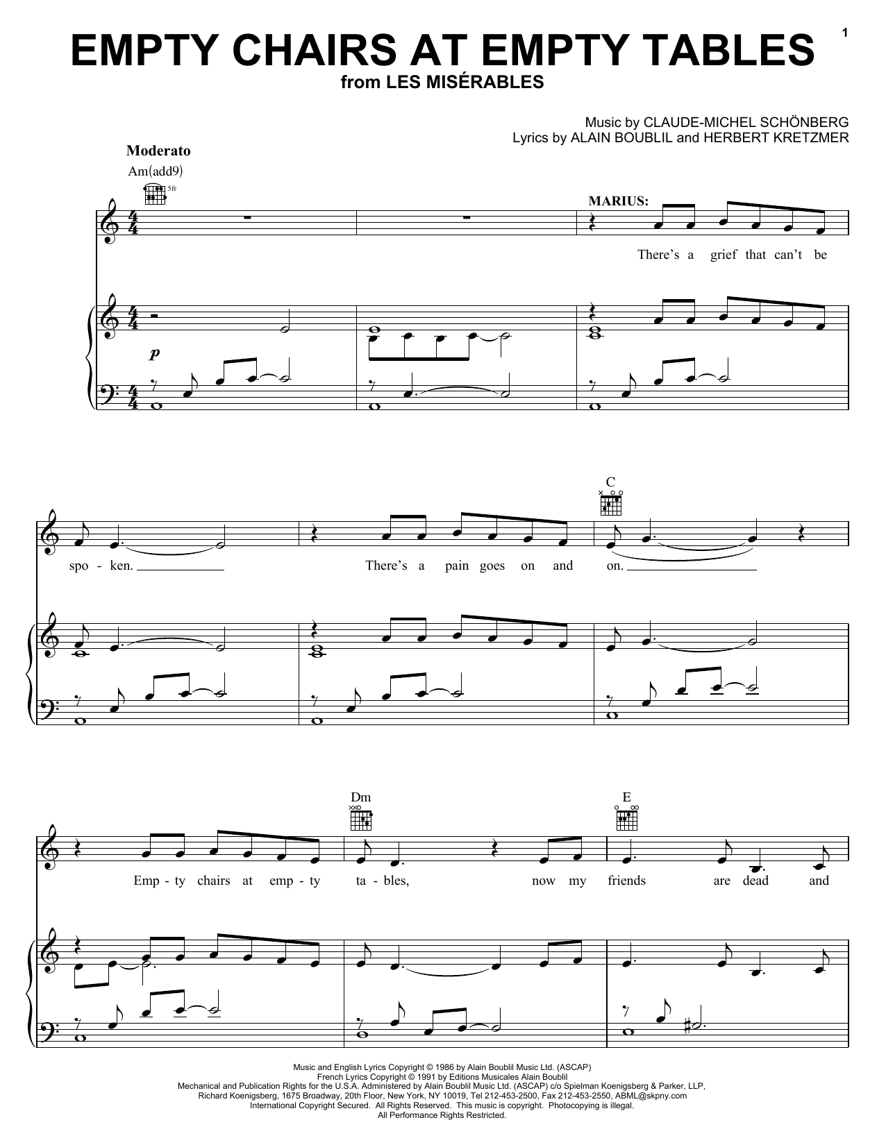 Alain Boublil Empty Chairs At Empty Tables Sheet Music Notes & Chords for Piano, Vocal & Guitar (Right-Hand Melody) - Download or Print PDF