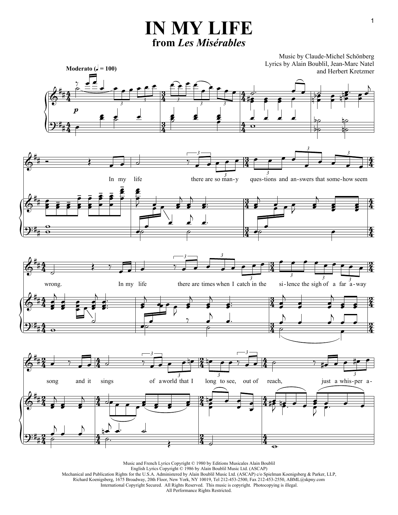 Alain Boublil In My Life (from Les Miserables) Sheet Music Notes & Chords for Piano & Vocal - Download or Print PDF