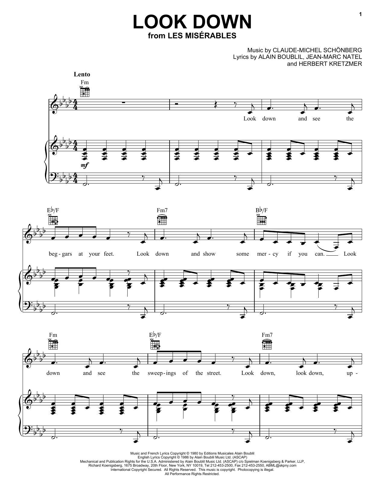 Alain Boublil Look Down Sheet Music Notes & Chords for Piano, Vocal & Guitar (Right-Hand Melody) - Download or Print PDF