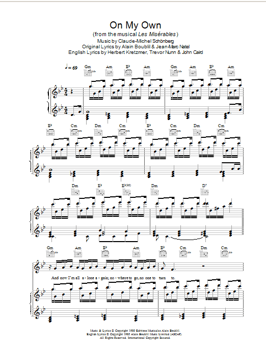 Alain Boublil On My Own (from Les Miserables) Sheet Music Notes & Chords for 5-Finger Piano - Download or Print PDF
