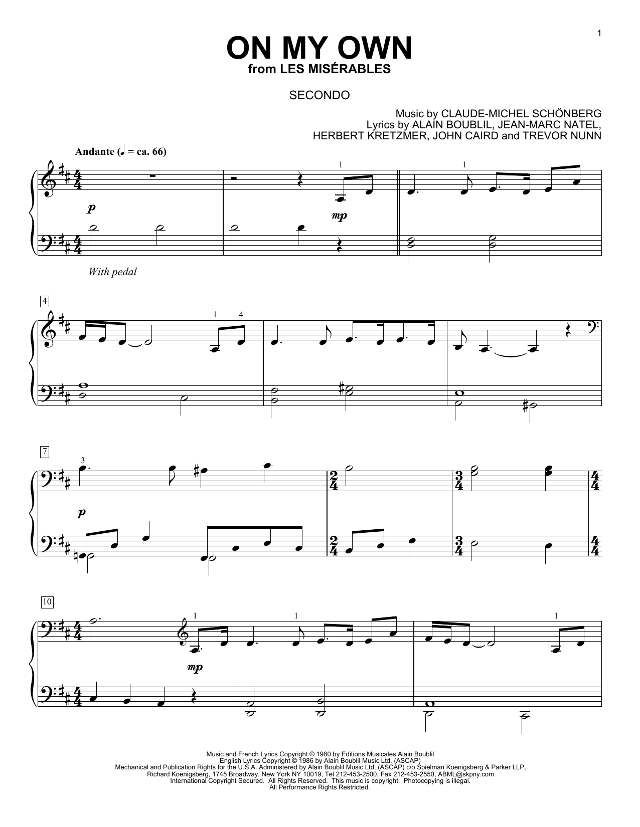 Alain Boublil On My Own Sheet Music Notes & Chords for Piano - Download or Print PDF