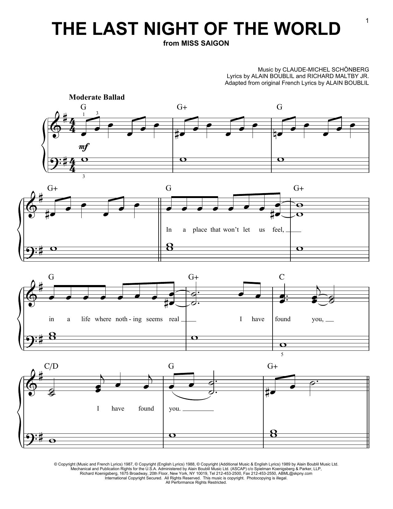 Alain Boublil The Last Night Of The World Sheet Music Notes & Chords for Easy Piano - Download or Print PDF