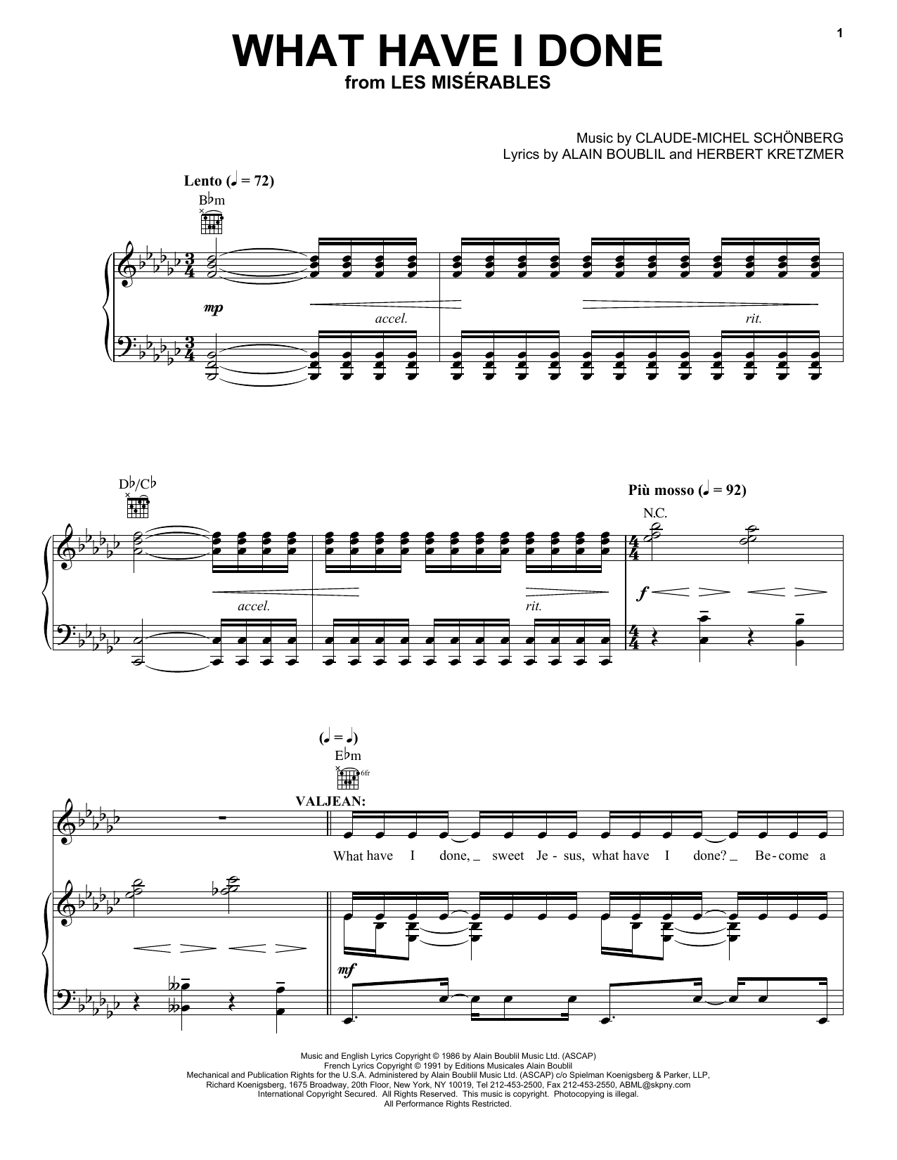 Alain Boublil What Have I Done Sheet Music Notes & Chords for Piano, Vocal & Guitar (Right-Hand Melody) - Download or Print PDF