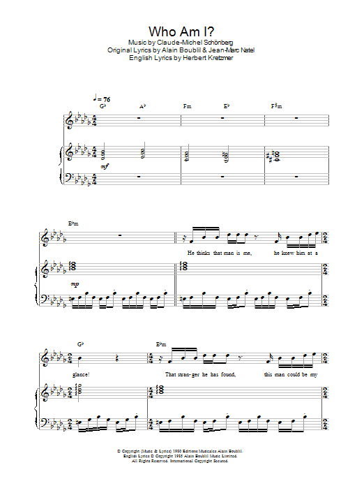 Alain Boublil Who Am I? Sheet Music Notes & Chords for Piano, Vocal & Guitar (Right-Hand Melody) - Download or Print PDF