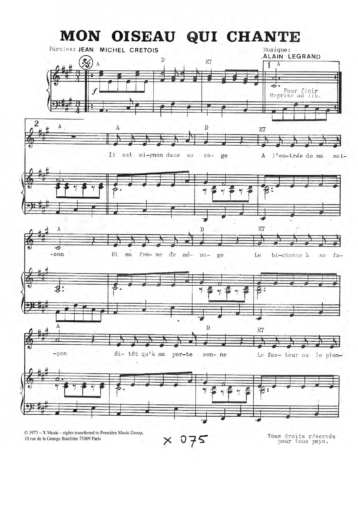 Alain Legrand Mon Oiseau Qui Chante Sheet Music Notes & Chords for Piano & Vocal - Download or Print PDF