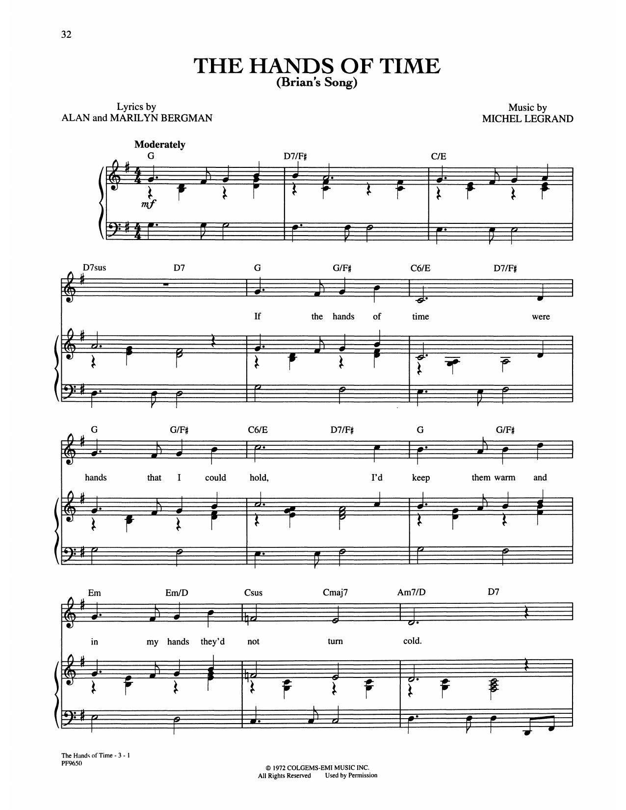 Alan and Marilyn Bergman and Michel Legrand Hands Of Time Sheet Music Notes & Chords for Piano, Vocal & Guitar Chords (Right-Hand Melody) - Download or Print PDF