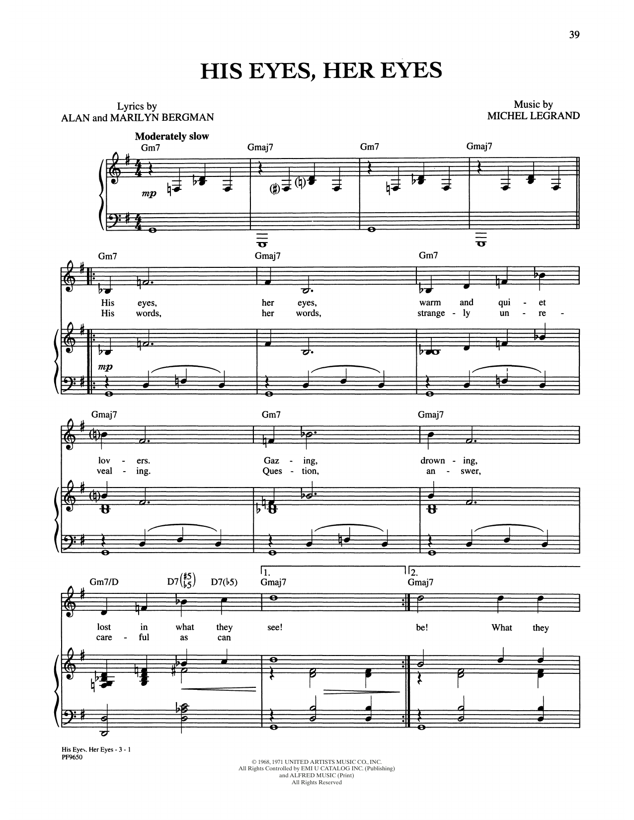 Alan and Marilyn Bergman and Michel Legrand His Eyes Her Eyes Sheet Music Notes & Chords for Piano, Vocal & Guitar Chords (Right-Hand Melody) - Download or Print PDF